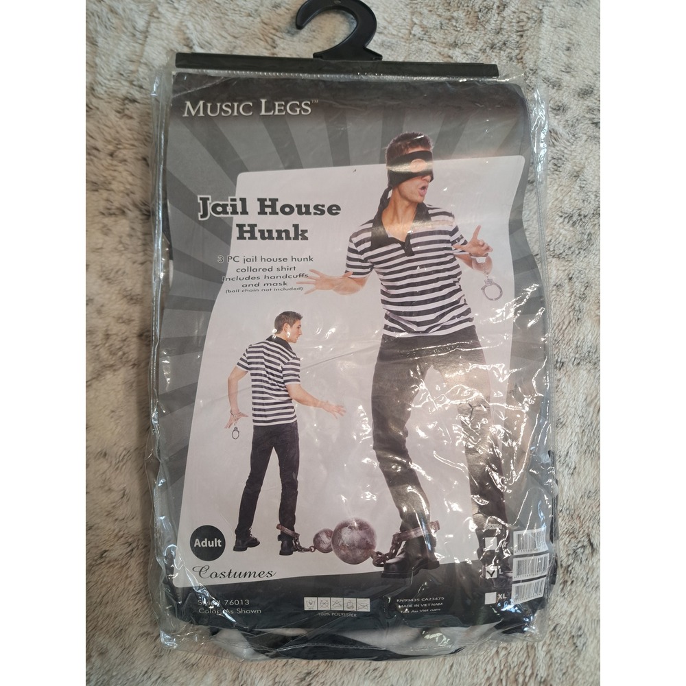 NEW Music Legs Jail House Hunk Shirt Mask Handcuffs 3 PC Prisoner Costume Size L